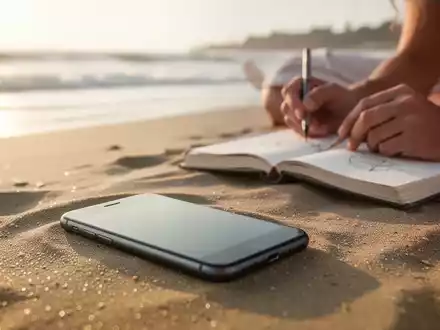 Ein Smartphone liegt unscharf am Strand, während Hände ein Buch lesen, symbolisiert digitale Entgiftung im Urlaub. - Foto: über boerse-global.de