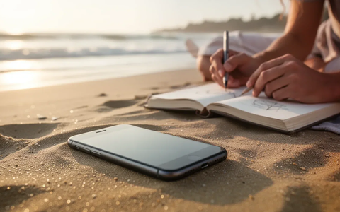 Ein Smartphone liegt unscharf am Strand, während Hände ein Buch lesen, symbolisiert digitale Entgiftung im Urlaub. - Foto: über boerse-global.de