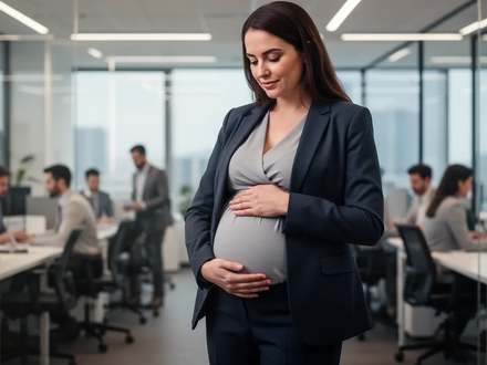 Eine schwangere Frau steht in einem modernen Büro und hält ihren Bauch, umgeben von einem sicheren Arbeitsumfeld. - Foto: über boerse-global.de