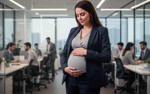 Eine schwangere Frau steht in einem modernen Büro und hält ihren Bauch, umgeben von einem sicheren Arbeitsumfeld. - Foto: über boerse-global.de
