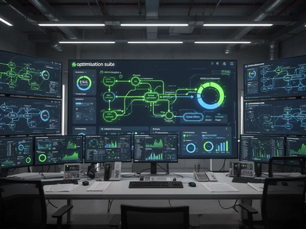 Ein moderner Kontrollraum mit Bildschirmen, die Datenvisualisierungen und eine Optimierungs-Suite-Oberfläche anzeigen. - Foto: über boerse-global.de