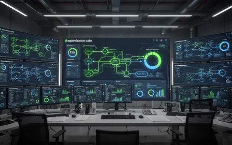 Ein moderner Kontrollraum mit Bildschirmen, die Datenvisualisierungen und eine Optimierungs-Suite-Oberfläche anzeigen. - Foto: über boerse-global.de