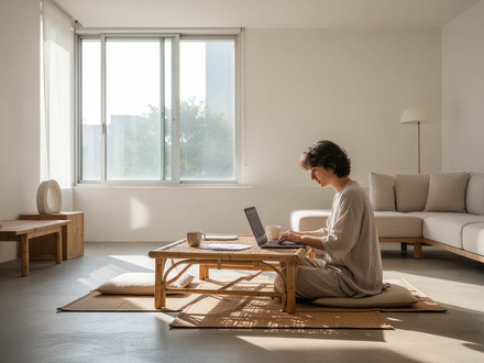 Ein heller, minimalistischer Wohnraum mit einer Person, die auf einer Matte am Boden an einem niedrigen Bambustisch arbeitet. - Foto: über boerse-global.de