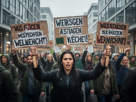 Protestierende Menschenmengen mit Schildern in einer Stadt, die gegen Sozialstaatsabbau und Kürzungen demonstrieren. - Foto: über boerse-global.de