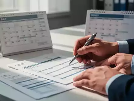 Hände halten einen Stift über ein Finanzdokument, mit einem Kalender im Hintergrund, der den Monat Juli zeigt. - Foto: über boerse-global.de