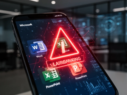 Nahaufnahme eines Smartphone-Bildschirms mit Microsoft-App-Symbolen und einer roten Warnmeldung, die eine Sicherheitslücke anzeigt. - Foto: über boerse-global.de