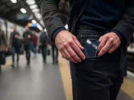Eine Hand greift heimlich nach einem Smartphone in einer Tasche vor dem unscharfen Hintergrund eines belebten Bahnhofs. - Foto: über boerse-global.de