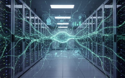 A stylized image of a secure data center with glowing blue and green AI neural networks, representing advanced banking technology. - Foto: über boerse-global.de