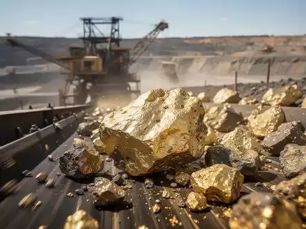 Nahaufnahme von Golderz auf einem Förderband in einer Mine, das hohe Produktionskapazitäten andeutet. - Foto: über boerse-global.de