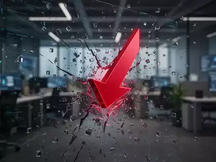 Ein stilisierter roter Abwärtspfeil durchbricht einen digitalen Bildschirm, umgeben von zerstreuten Pixeln in einem Tech-Büro. - Foto: über boerse-global.de