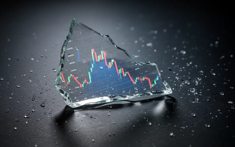Ein zerbrochener Glassplitter spiegelt einen stark fallenden Börsenchart wider, auf dunklem Hintergrund. - Foto: über boerse-global.de