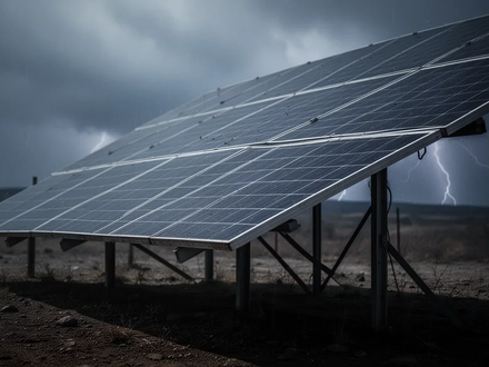 Ein einzelnes Solarmodul, das nach unten zeigt und einen langen Schatten wirft, vor einem dramatischen, bewölkten Himmel. - Foto: über boerse-global.de