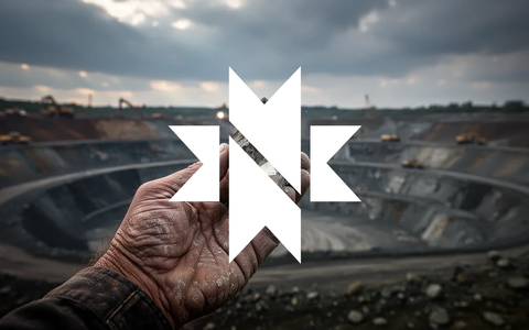 Eine einzelne, verwitterte Hand hält einen grob geschliffenen Mineralkristall vor dem Hintergrund einer verschwommenen Minenlandschaft. - Foto: über boerse-global.de
