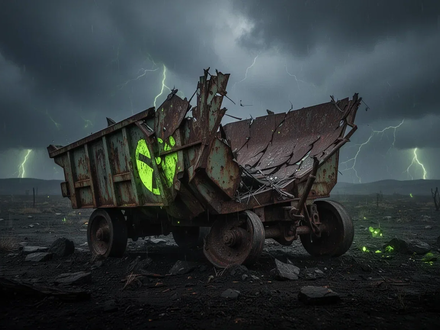 Ein umgekippter, verrosteter Uran-Minenwagen auf einer trostlosen Landschaft unter einem stürmischen Himmel, der Rückgang symbolisiert. - Foto: über boerse-global.de