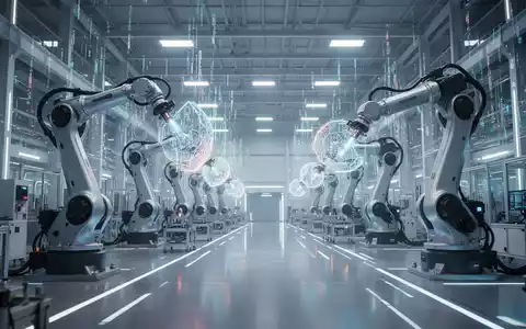 Innenansicht einer futuristischen AI Gigafactory mit Roboterarmen und leuchtenden Datenströmen, die fortschrittliche Technologie und Innovation symbolisieren. - Foto: über boerse-global.de