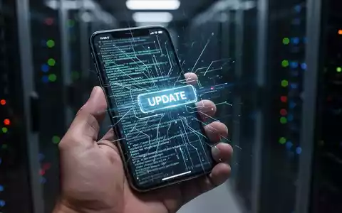 Hand hält Smartphone mit Sicherheitsschnittstelle und Update-Benachrichtigung vor unscharfem Serverraum. - Foto: über boerse-global.de