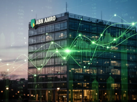 Abstrakte Darstellung einer grünen Anleihe mit leuchtenden Linien, die Finanzdatenpunkte verbinden, über dem ABN Amro Gebäude. - Foto: über boerse-global.de