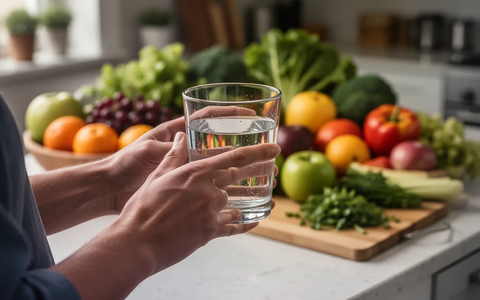 Hände halten ein Glas Wasser, im Hintergrund unscharf gesunde Lebensmittel auf einer Küchenzeile. - Foto: über boerse-global.de