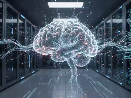 An intricate, glowing artificial intelligence neural network representing self-improving AI, set within a futuristic data center. - Foto: über boerse-global.de