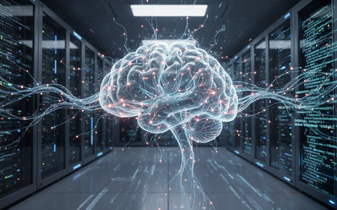 An intricate, glowing artificial intelligence neural network representing self-improving AI, set within a futuristic data center. - Foto: über boerse-global.de