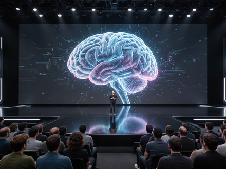 A glowing, abstract AI brain graphic on a large screen at a futuristic Apple WWDC stage, reflecting on a dark surface. - Foto: über boerse-global.de