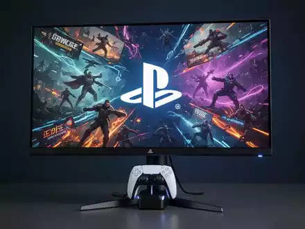 A white Sony PlayStation gaming monitor displaying vibrant game graphics, with a DualSense controller charging in an integrated dock. - Foto: über boerse-global.de