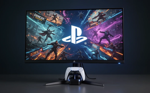 A white Sony PlayStation gaming monitor displaying vibrant game graphics, with a DualSense controller charging in an integrated dock. - Foto: über boerse-global.de
