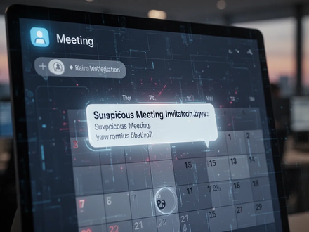 A close-up of a digital calendar showing a suspicious meeting invitation with a notification icon, set against a blurred office background. - Foto: über boerse-global.de