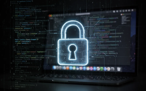 A glowing digital padlock icon on a dark background with blurred macOS elements, representing cybersecurity threats and data protection. - Foto: über boerse-global.de