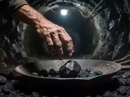 Eine Hand greift nach einem kleinen Stück Kohle in einer Goldpfanne in einem dunklen Minenschacht, symbolisiert einen Tiefpunkt. - Foto: über boerse-global.de