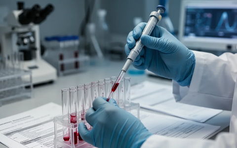Nahaufnahme der Hände eines Wissenschaftlers, der in einem Labor eine Blutprobe in ein Reagenzglas pipettiert. - Foto: über boerse-global.de