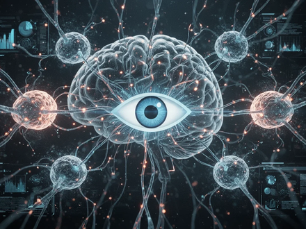 Abstrakte Darstellung neuronaler Pfade und visueller Datenverarbeitung, mit leuchtenden Linien, die Gehirnstrukturen mit einem Augensymbol verbinden. - Foto: über boerse-global.de