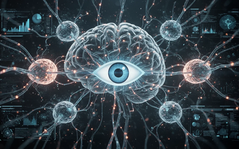 Abstrakte Darstellung neuronaler Pfade und visueller Datenverarbeitung, mit leuchtenden Linien, die Gehirnstrukturen mit einem Augensymbol verbinden. - Foto: über boerse-global.de