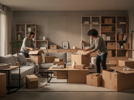Zwei Personen organisieren eine Wohnung mit modularen Möbeln und Umzugskartons, was flexibles Wohnen und effiziente Organisation symbolisiert. - Foto: über boerse-global.de