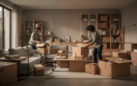 Zwei Personen organisieren eine Wohnung mit modularen Möbeln und Umzugskartons, was flexibles Wohnen und effiziente Organisation symbolisiert. - Foto: über boerse-global.de