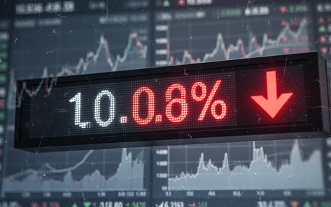 Ein Börsenticker zeigt einen negativen Prozentsatz und einen Abwärtspfeil, mit verschwommenen Finanzdiagrammen im Hintergrund. - Foto: über boerse-global.de