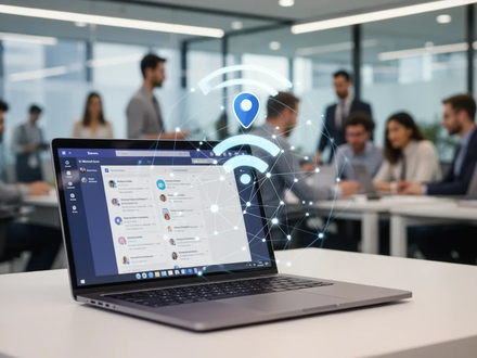 A laptop displaying Microsoft Teams with a subtle Wi-Fi signal icon, representing automated workplace check-ins and modern office technology. - Foto: über boerse-global.de