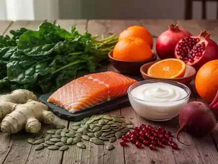 Eine Stillleben-Anordnung von Lebensmitteln, die Periodensymptome lindern: dunkles Blattgemüse, Lachs, Ingwer, Kürbiskerne, Joghurt und Zitrusfrüchte. - Foto: über boerse-global.de