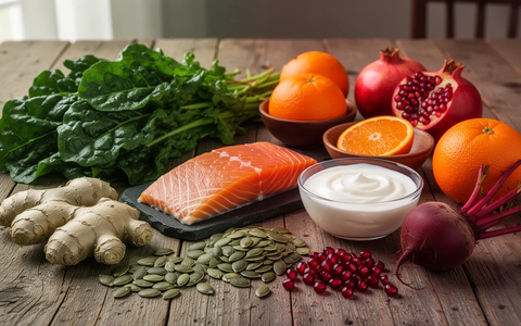 Eine Stillleben-Anordnung von Lebensmitteln, die Periodensymptome lindern: dunkles Blattgemüse, Lachs, Ingwer, Kürbiskerne, Joghurt und Zitrusfrüchte. - Foto: über boerse-global.de
