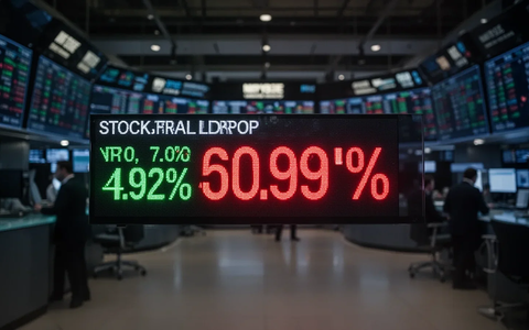 Ein Börsenticker zeigt einen deutlichen prozentualen Rückgang, mit einem verschwommenen Hintergrund eines Handelsraums. - Foto: über boerse-global.de