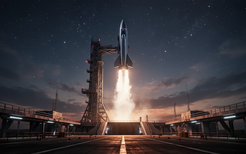 Eine futuristische Rakete startet nachts von einer hochmodernen Startrampe in den Sternenhimmel. - Foto: über boerse-global.de