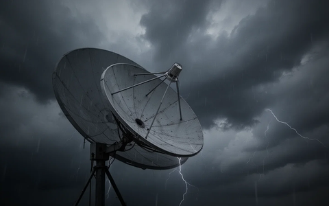 Eine Satellitenschüssel zeigt nach unten, teilweise verdeckt von dunklen, stürmischen Wolken, die einen Abschwung symbolisieren. - Foto: über boerse-global.de