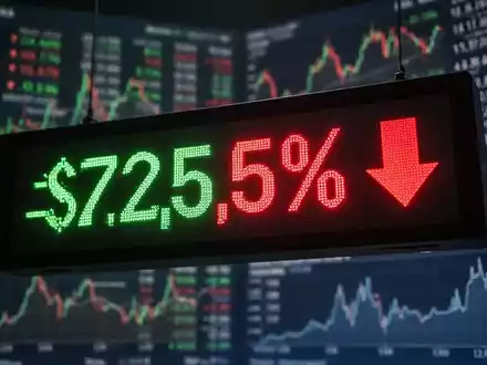 Ein Börsenticker mit einem deutlichen prozentualen Rückgang und einem roten Abwärtspfeil vor unscharfen Finanzdaten. - Foto: über boerse-global.de