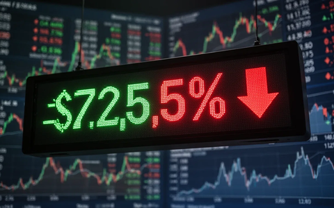 Ein Börsenticker mit einem deutlichen prozentualen Rückgang und einem roten Abwärtspfeil vor unscharfen Finanzdaten. - Foto: über boerse-global.de