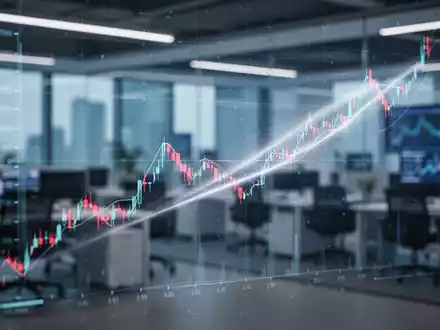 Ein fallender Börsenchart auf einem Bildschirm, überlagert mit einem stilisierten Laserstrahl, im Hintergrund ein modernes Büro. - Foto: über boerse-global.de