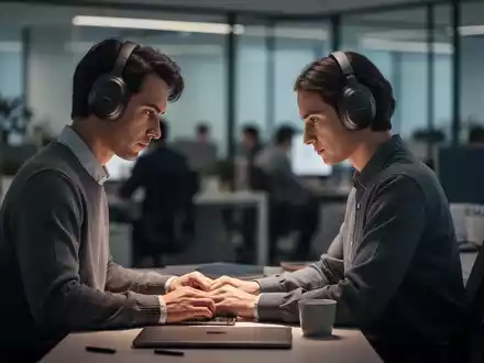 Eine Person mit Kopfhörern arbeitet konzentriert an einem Schreibtisch in einem modernen Großraumbüro, umgeben von gedämpftem Licht. - Foto: über boerse-global.de
