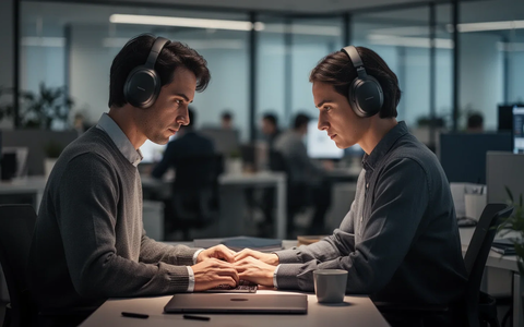 Eine Person mit Kopfhörern arbeitet konzentriert an einem Schreibtisch in einem modernen Großraumbüro, umgeben von gedämpftem Licht. - Foto: über boerse-global.de