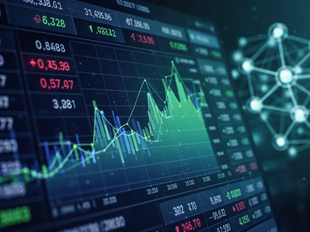 Eine Nahaufnahme eines digitalen Ledgers mit Finanzdaten und Diagrammen, im Hintergrund verschwommene DeFi-Netzwerkknoten. - Foto: über boerse-global.de