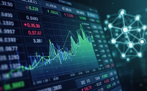 Eine Nahaufnahme eines digitalen Ledgers mit Finanzdaten und Diagrammen, im Hintergrund verschwommene DeFi-Netzwerkknoten. - Foto: über boerse-global.de