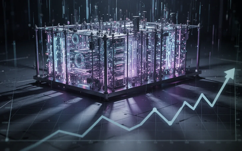 Ein abstraktes Bild eines Quantencomputers mit blauen und violetten Lichtern und einer angedeuteten Abwärtstrendlinie. - Foto: über boerse-global.de